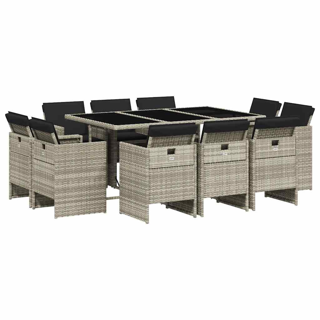 vidaXL 11 Piece Garden Dining Set with Cushions Light Grey Poly Rattan