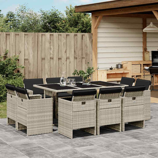 vidaXL 11 Piece Garden Dining Set with Cushions Light Grey Poly Rattan