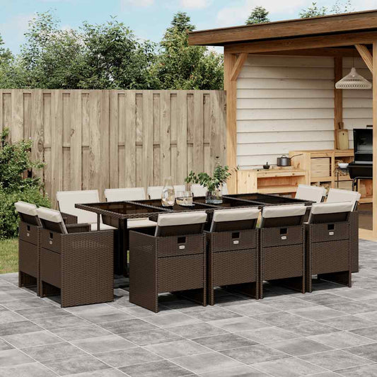 vidaXL 13 Piece Garden Dining Set with Cushions Brown Poly Rattan