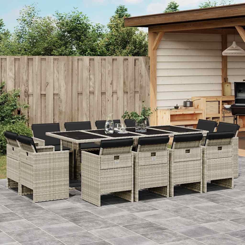 vidaXL 13 Piece Garden Dining Set with Cushions Light Grey Poly Rattan