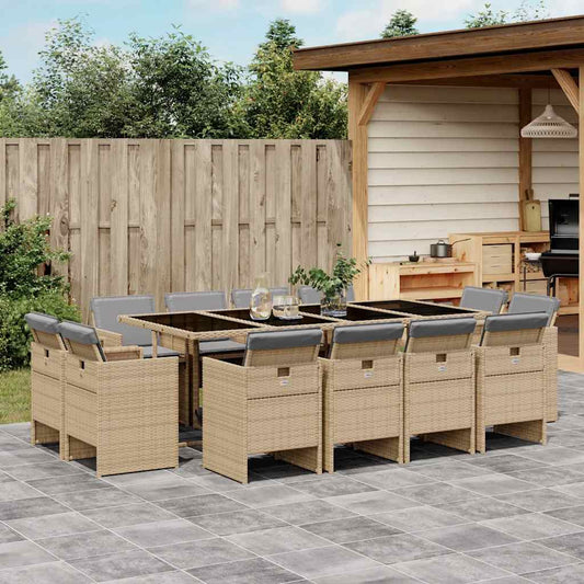 vidaXL 13 Piece Garden Dining Set with Cushions Mix Beige Poly Rattan