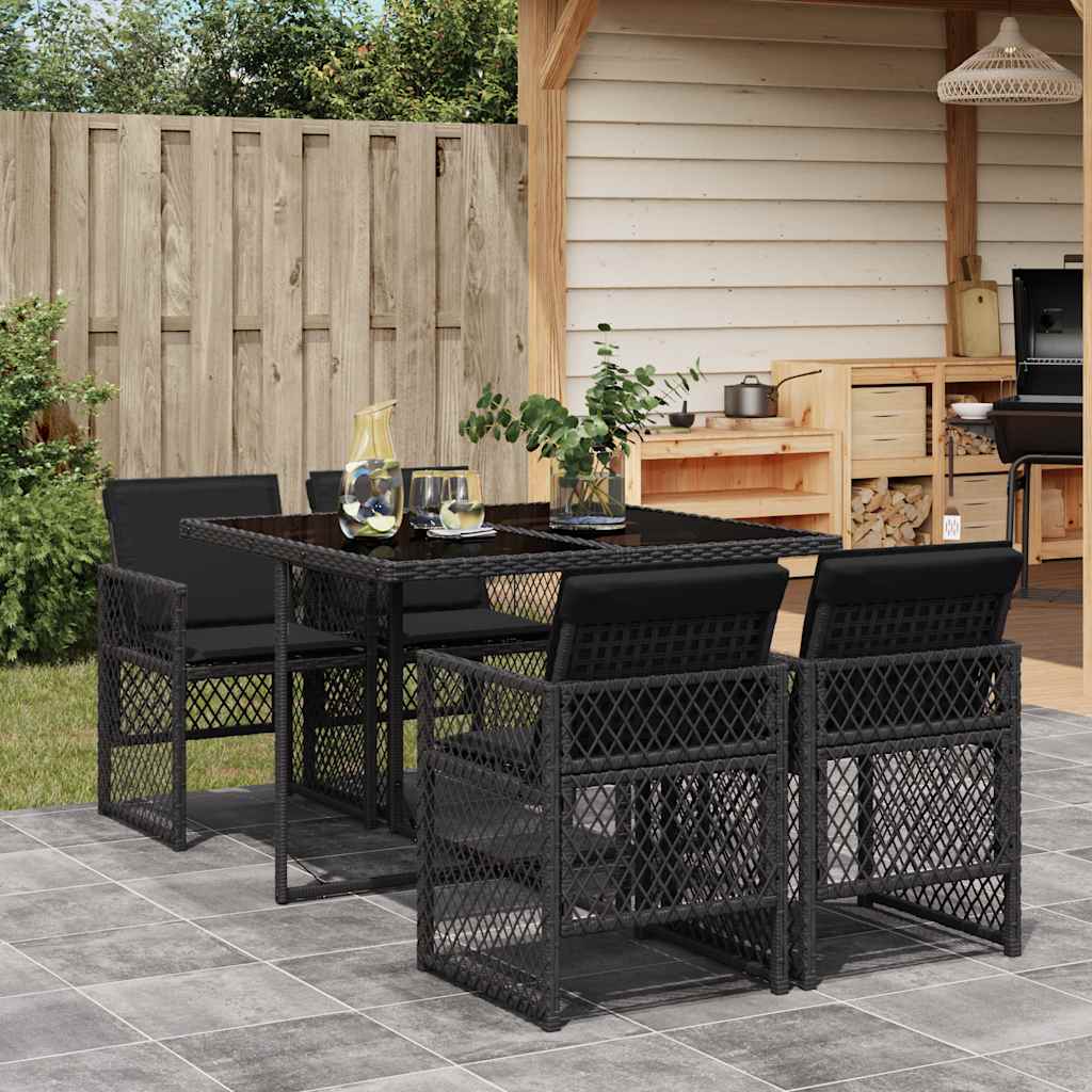 vidaXL 5 Piece Garden Dining Set with Cushions Black Poly Rattan