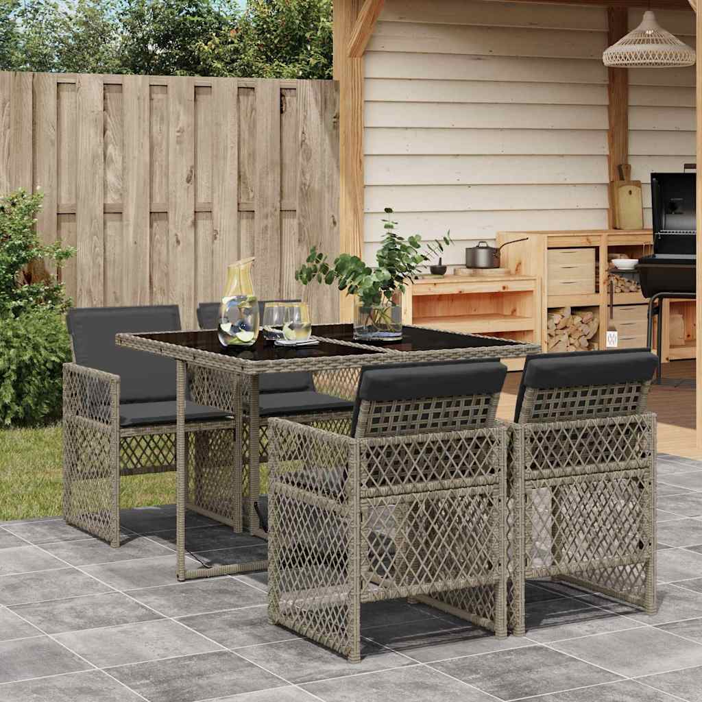 vidaXL 5 Piece Garden Dining Set with Cushions Grey Poly Rattan