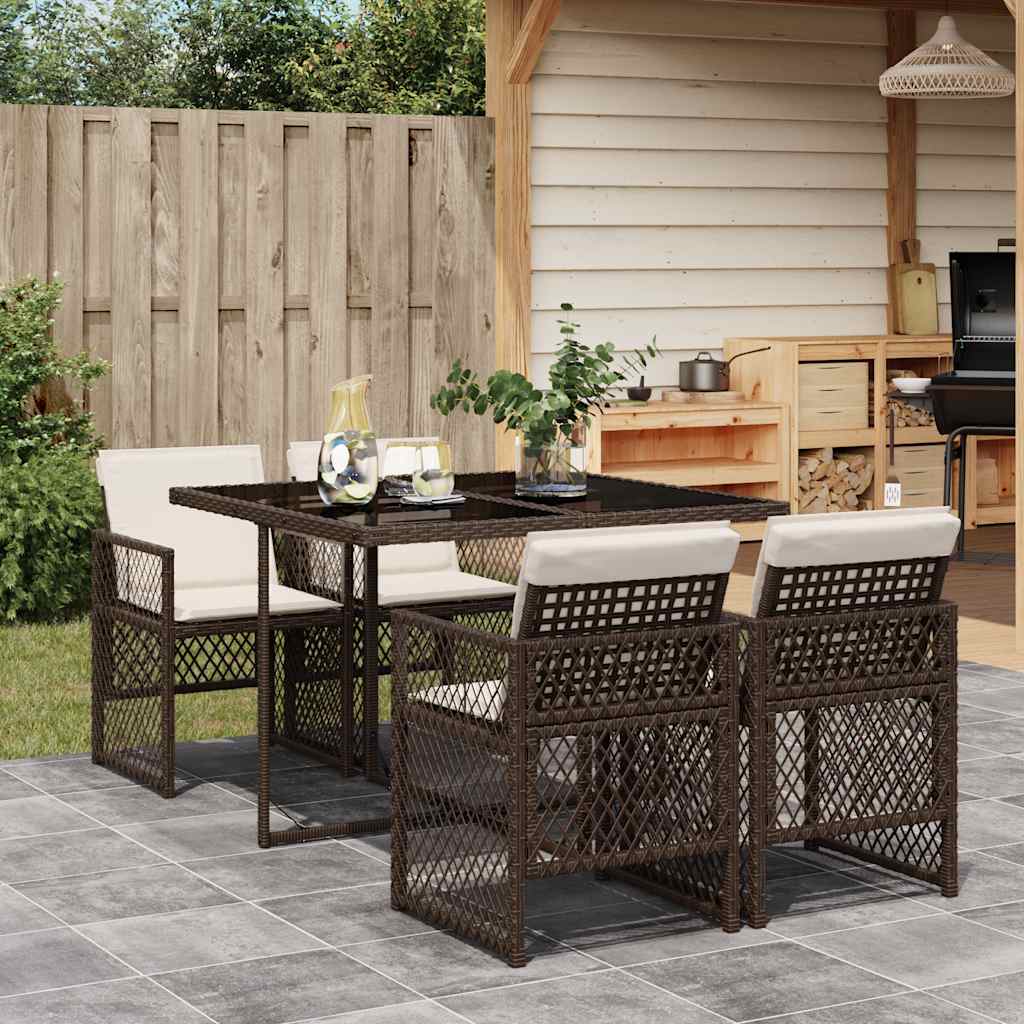 vidaXL 5 Piece Garden Dining Set with Cushions Brown Poly Rattan