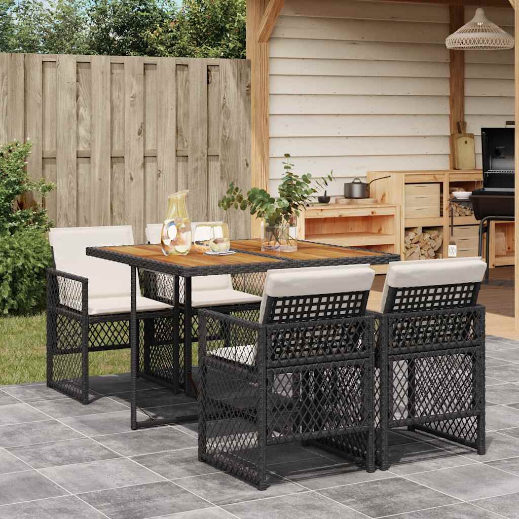 vidaXL 5 Piece Garden Dining Set with Cushions Black Poly Rattan