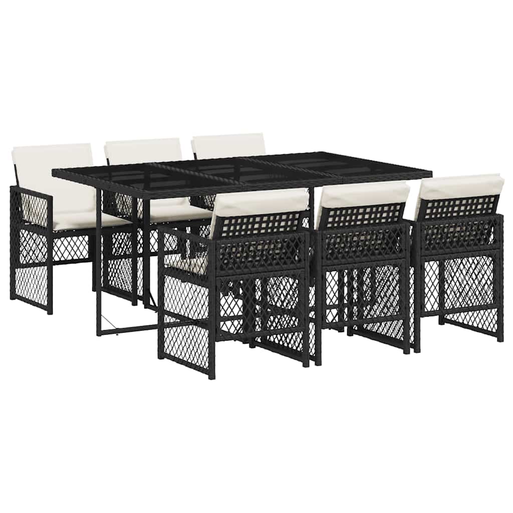 vidaXL 7 Piece Garden Dining Set with Cushions Black Poly Rattan