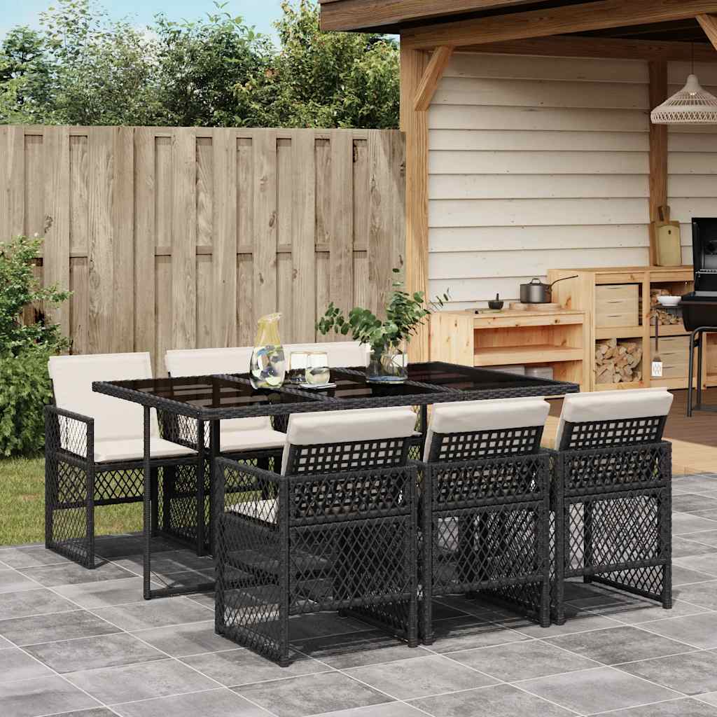 vidaXL 7 Piece Garden Dining Set with Cushions Black Poly Rattan