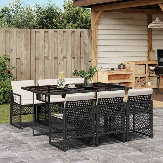 vidaXL 7 Piece Garden Dining Set with Cushions Black Poly Rattan