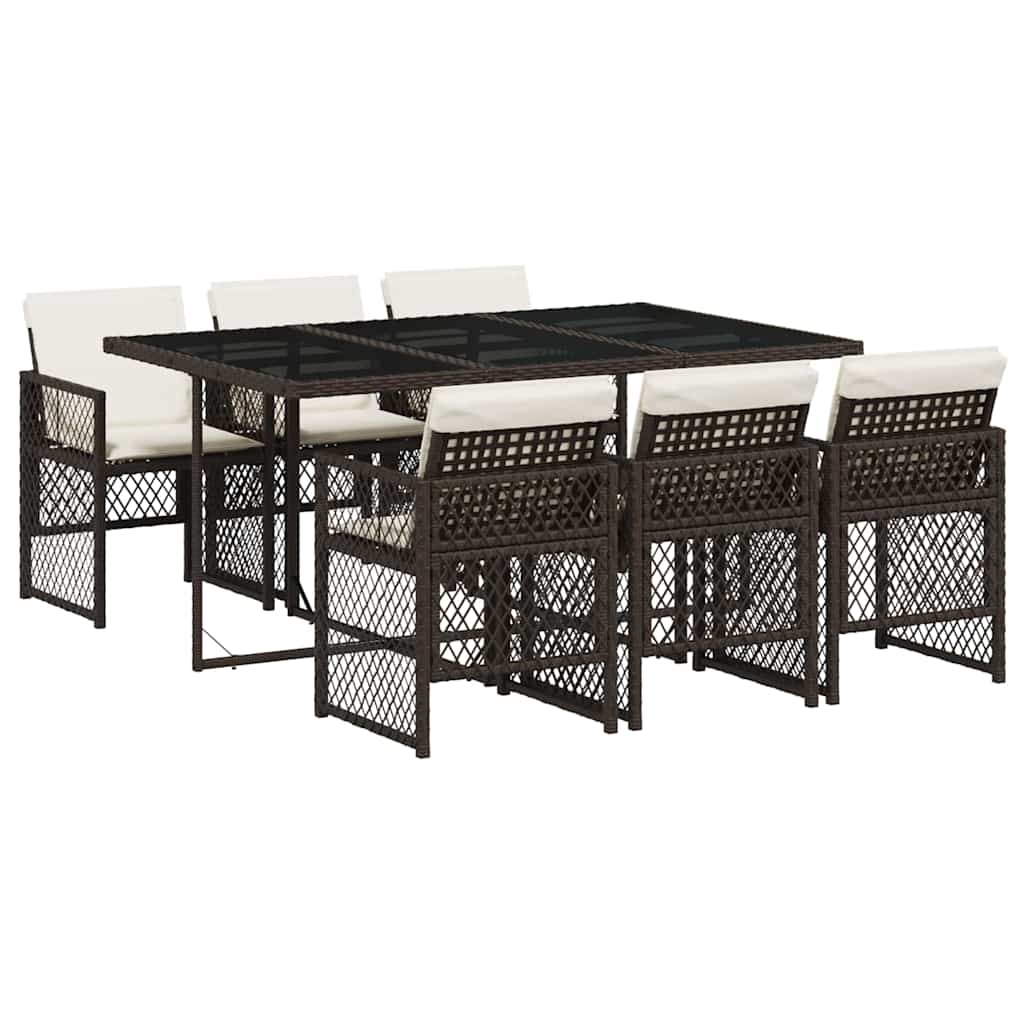 vidaXL 7 Piece Garden Dining Set with Cushions Brown Poly Rattan