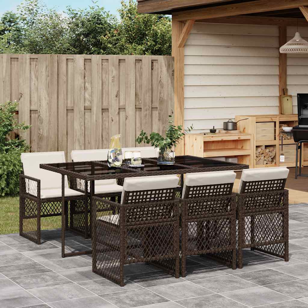 vidaXL 7 Piece Garden Dining Set with Cushions Brown Poly Rattan