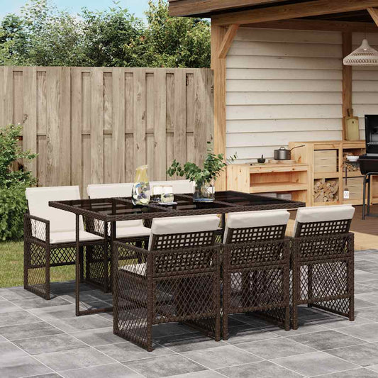 vidaXL 7 Piece Garden Dining Set with Cushions Brown Poly Rattan