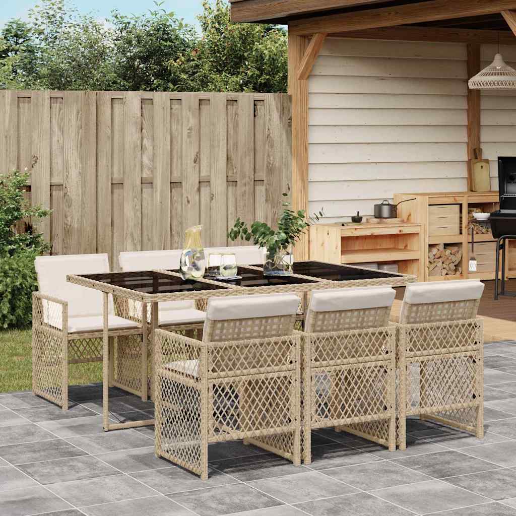 vidaXL 7 Piece Garden Dining Set with Cushions Beige Poly Rattan