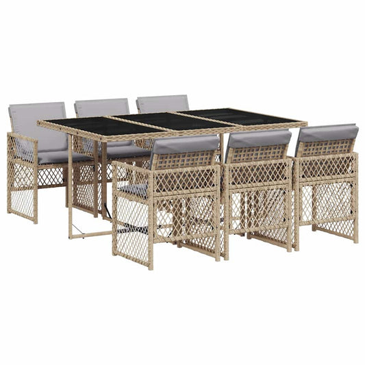 vidaXL 7 Piece Garden Dining Set with Cushions Beige Poly Rattan