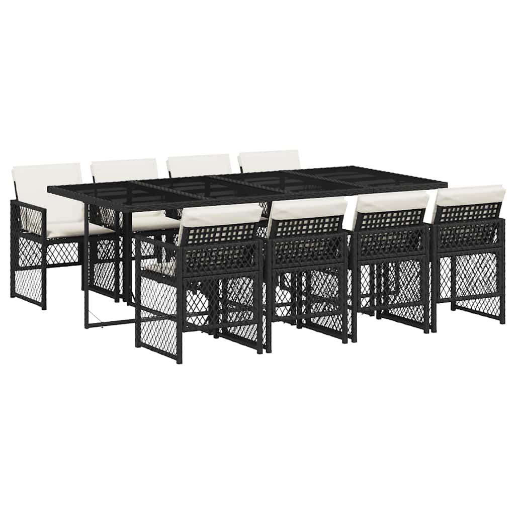 vidaXL 9 Piece Garden Dining Set with Cushions Black Poly Rattan