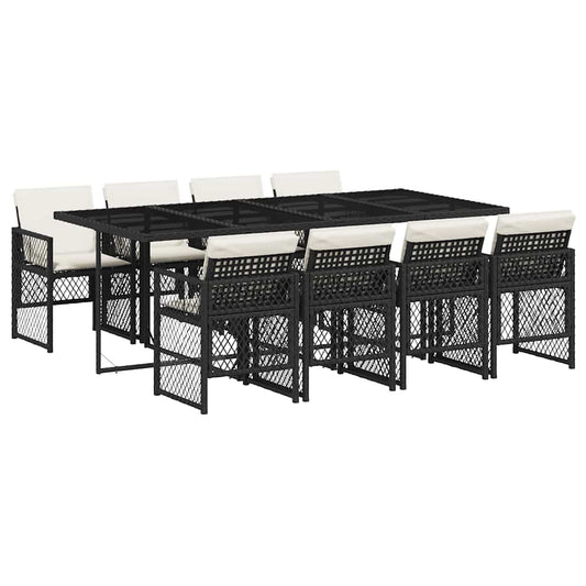 vidaXL 9 Piece Garden Dining Set with Cushions Black Poly Rattan