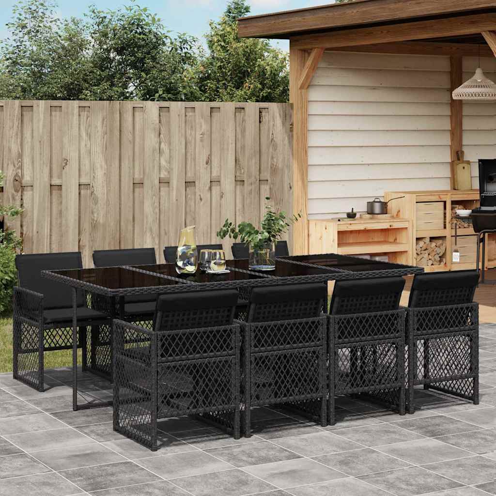 vidaXL 9 Piece Garden Dining Set with Cushions Black Poly Rattan