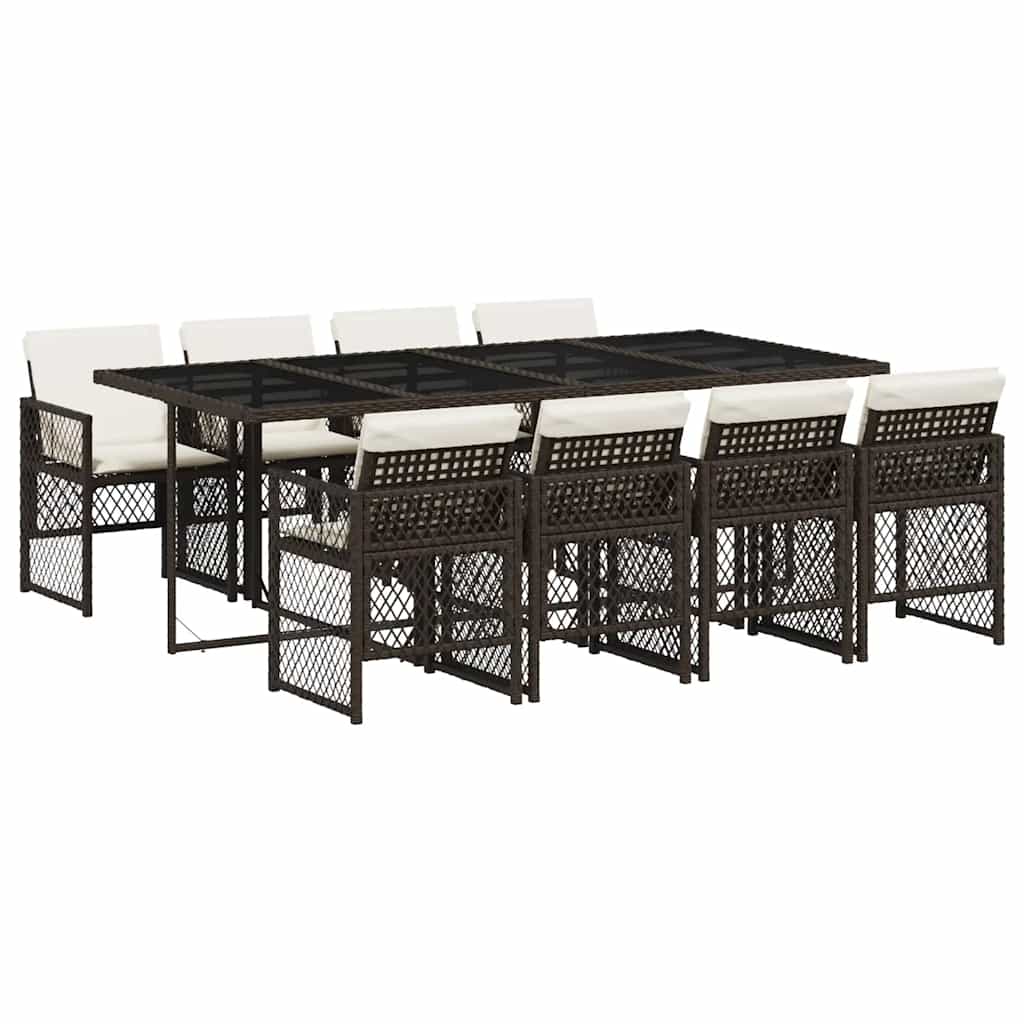 vidaXL 9 Piece Garden Dining Set with Cushions Brown Poly Rattan
