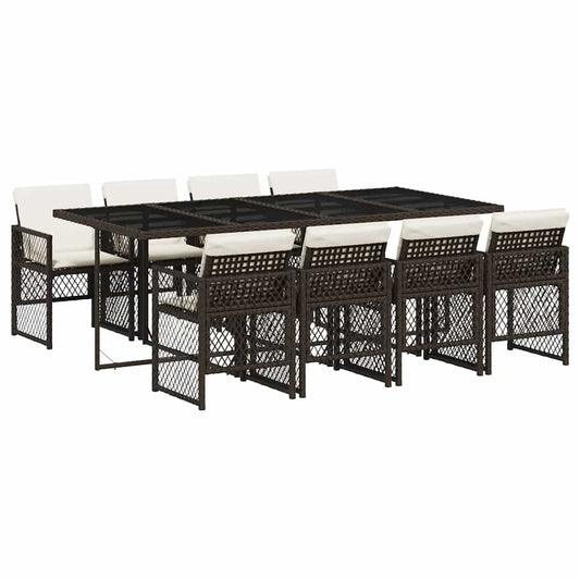 vidaXL 9 Piece Garden Dining Set with Cushions Brown Poly Rattan