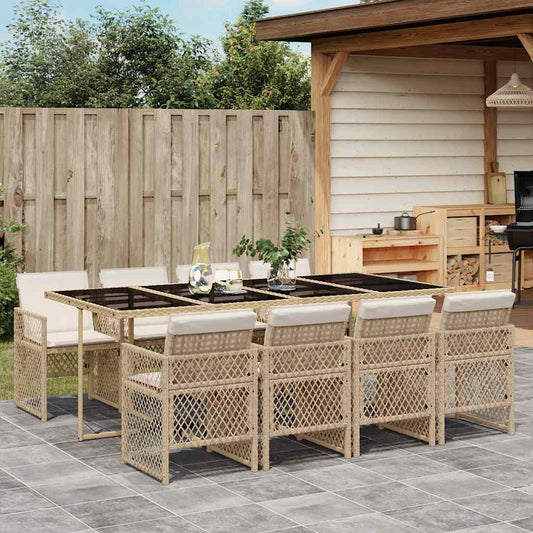 vidaXL 9 Piece Garden Dining Set with Cushions Beige Poly Rattan