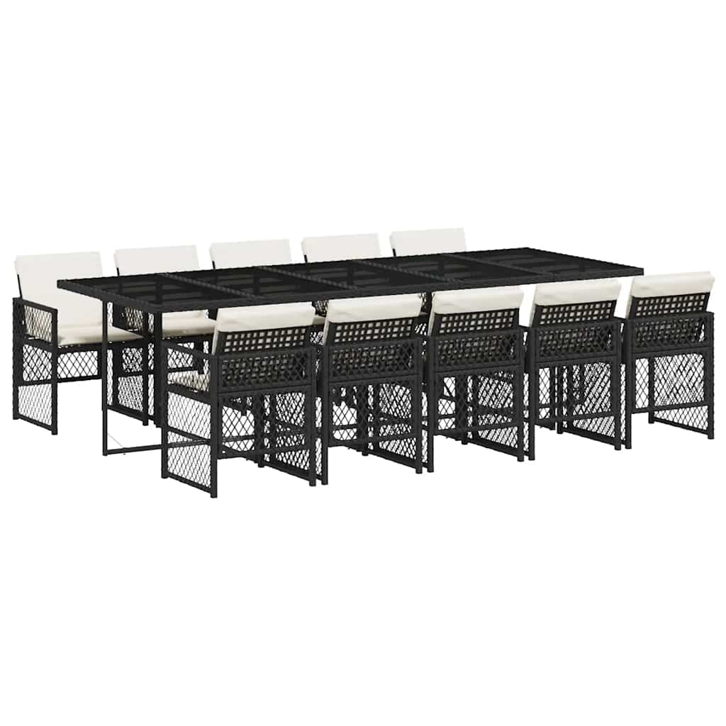 vidaXL 11 Piece Garden Dining Set with Cushions Black Poly Rattan