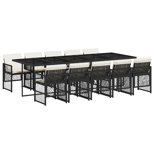 vidaXL 11 Piece Garden Dining Set with Cushions Black Poly Rattan