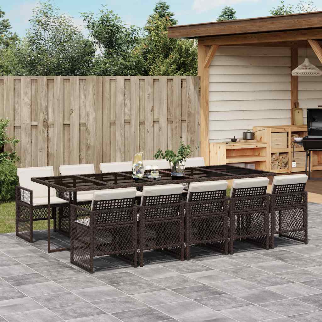 vidaXL 11 Piece Garden Dining Set with Cushions Brown Poly Rattan