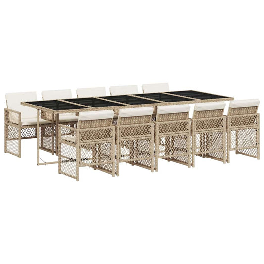 vidaXL 11 Piece Garden Dining Set with Cushions Beige Poly Rattan