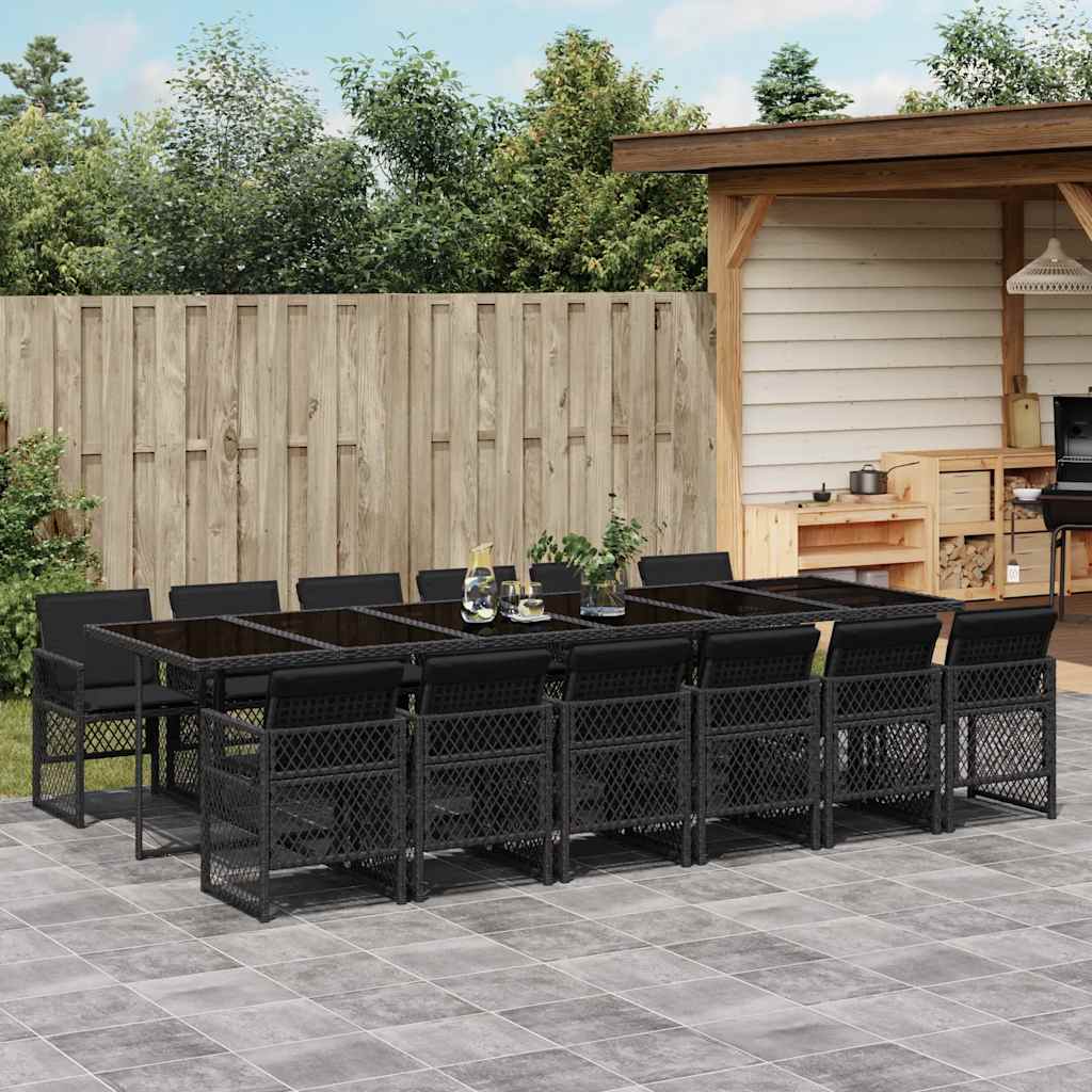 vidaXL 13 Piece Garden Dining Set with Cushions Black Poly Rattan