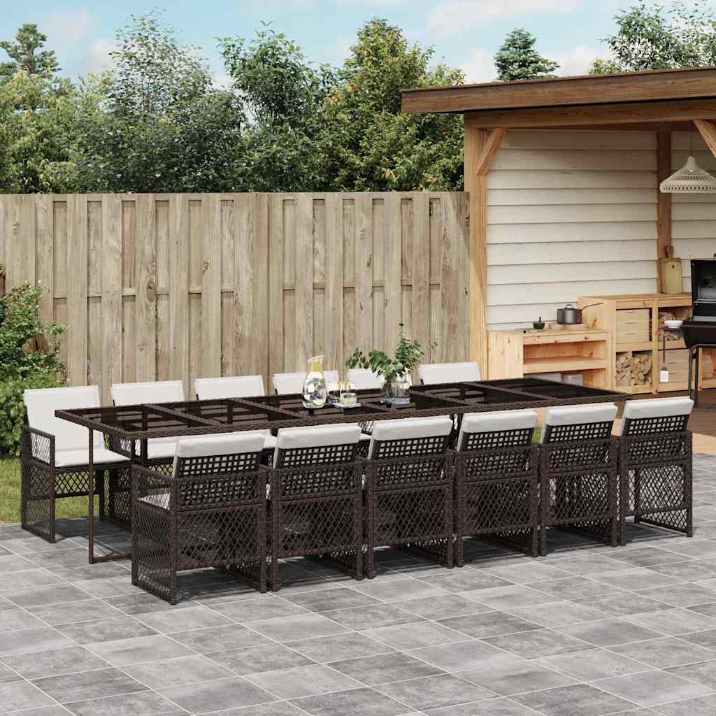vidaXL 13 Piece Garden Dining Set with Cushions Brown Poly Rattan