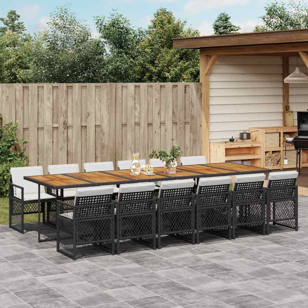 vidaXL 13 Piece Garden Dining Set with Cushions Black Poly Rattan