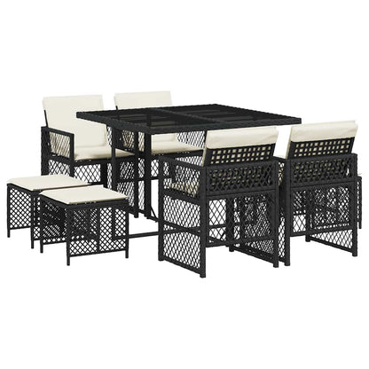 vidaXL 9 Piece Garden Dining Set with Cushions Black Poly Rattan