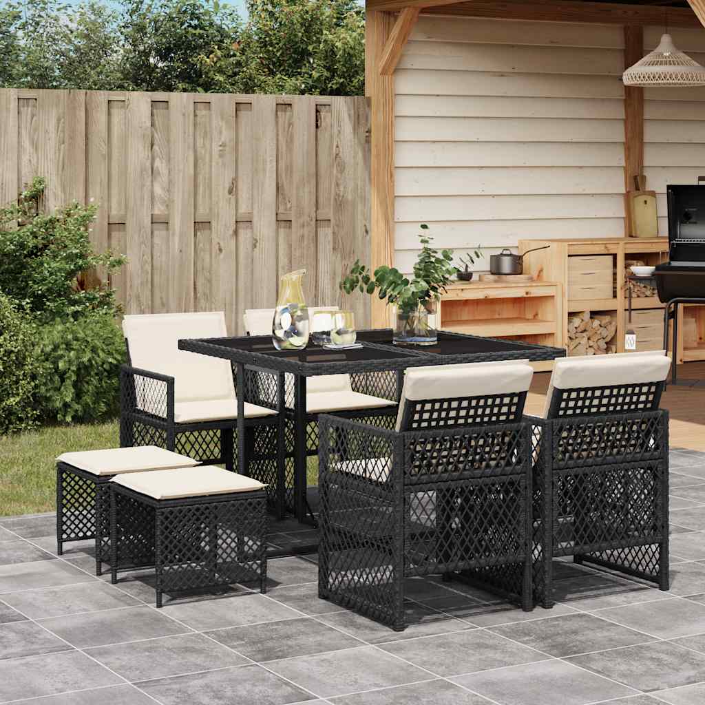 vidaXL 9 Piece Garden Dining Set with Cushions Black Poly Rattan