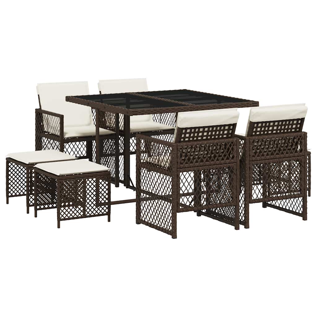 vidaXL 9 Piece Garden Dining Set with Cushions Brown Poly Rattan