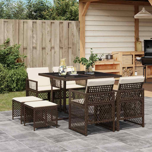 vidaXL 9 Piece Garden Dining Set with Cushions Brown Poly Rattan