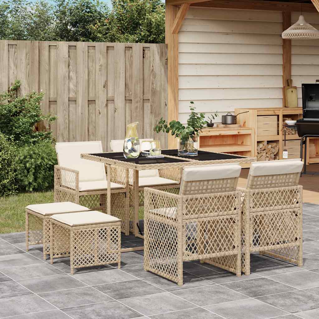 vidaXL 9 Piece Garden Dining Set with Cushions Beige Poly Rattan