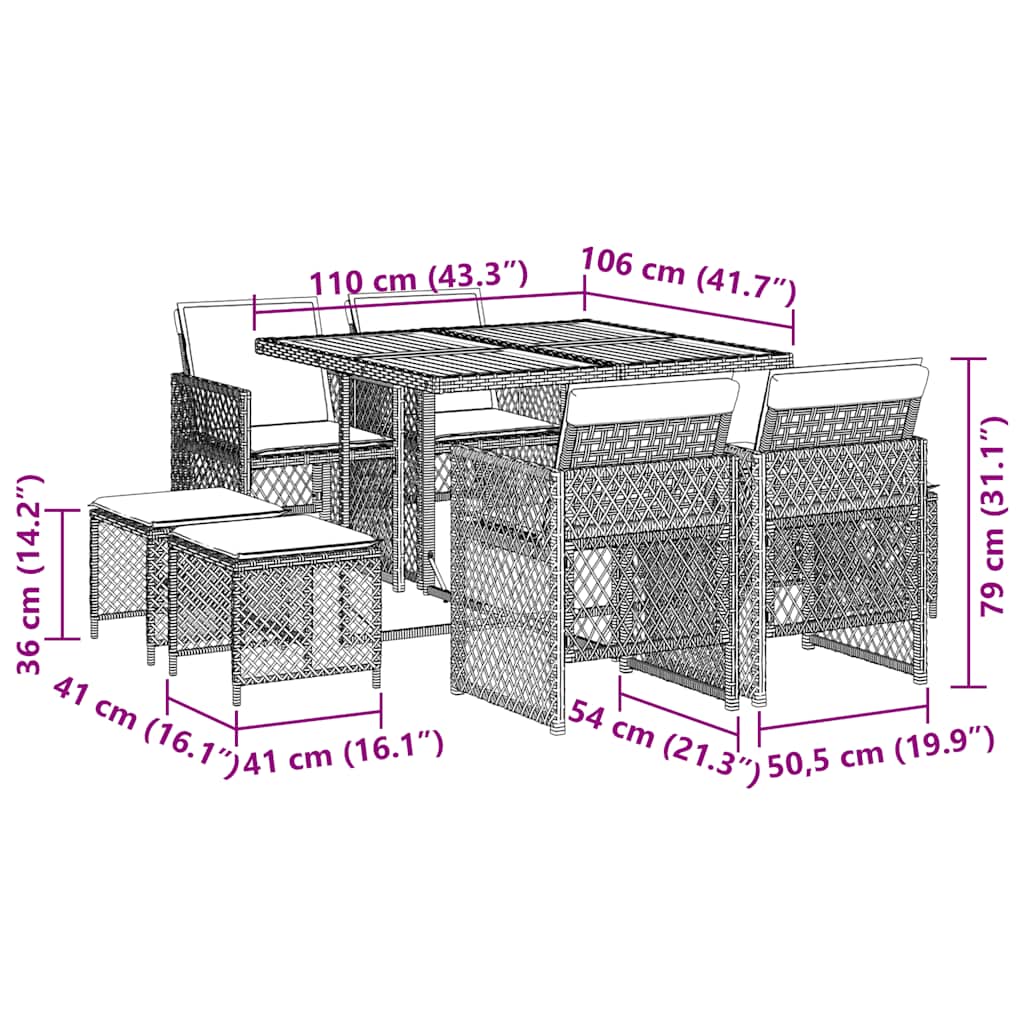 vidaXL 9 Piece Garden Dining Set with Cushions Grey Poly Rattan