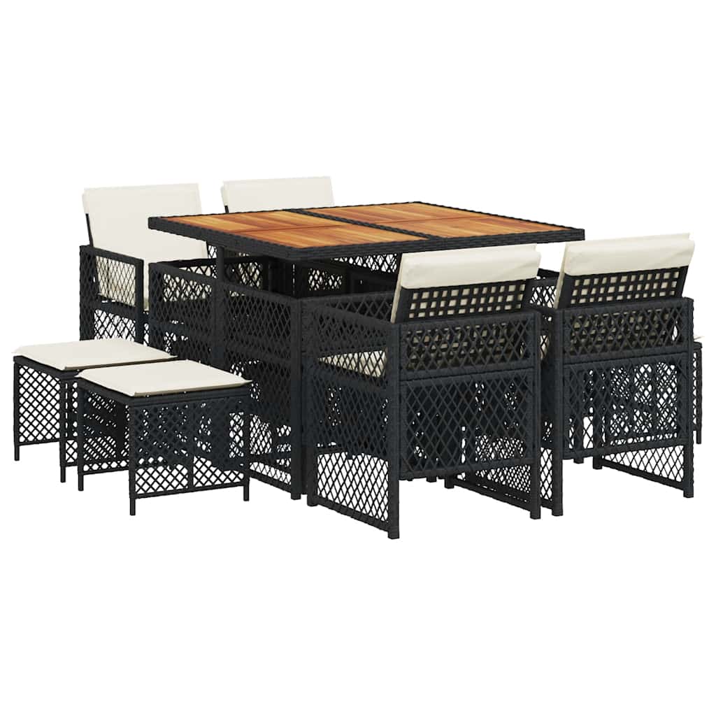 vidaXL 9 Piece Garden Dining Set with Cushions Black Poly Rattan