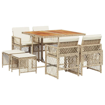 vidaXL 9 Piece Garden Dining Set with Cushions Beige Poly Rattan