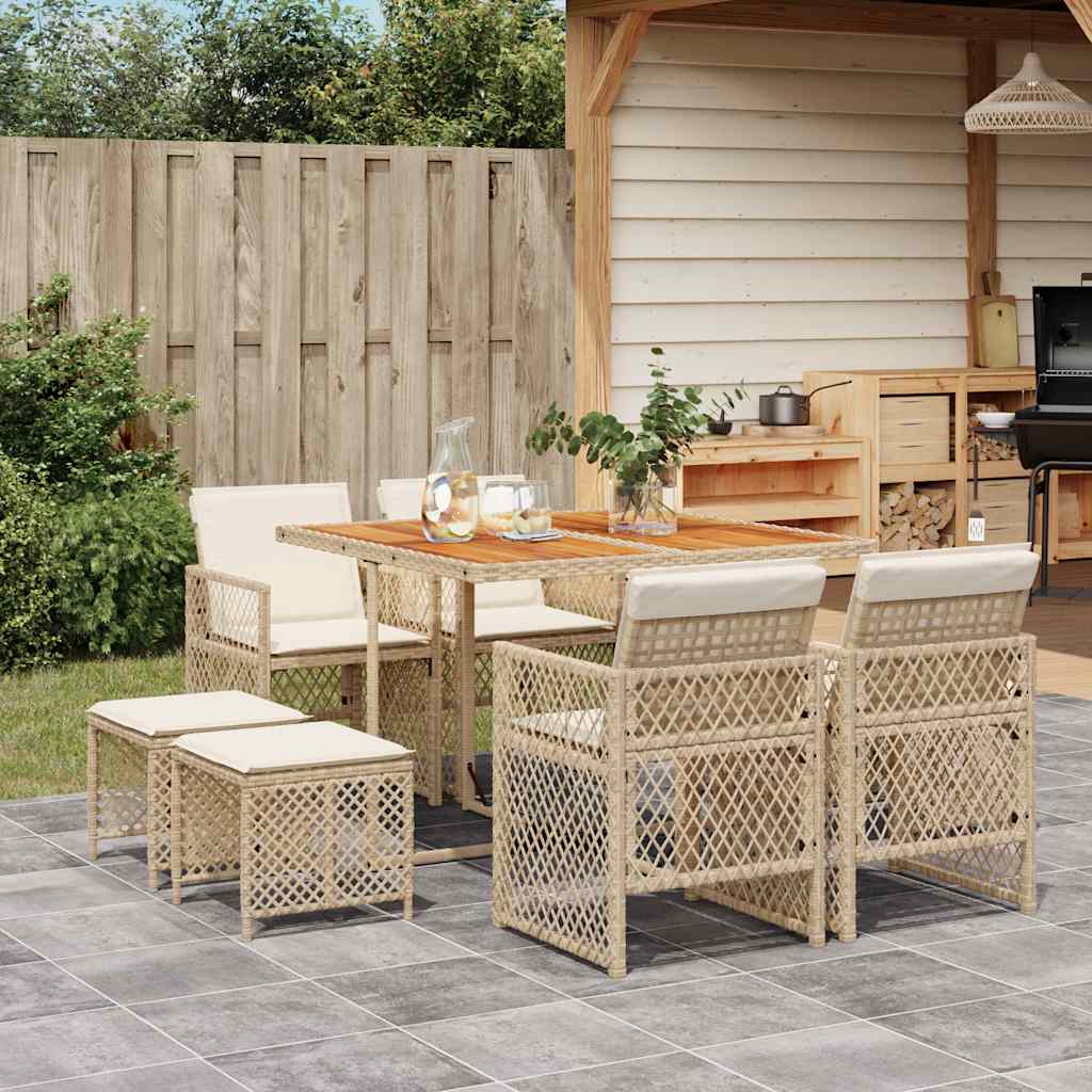 vidaXL 9 Piece Garden Dining Set with Cushions Beige Poly Rattan