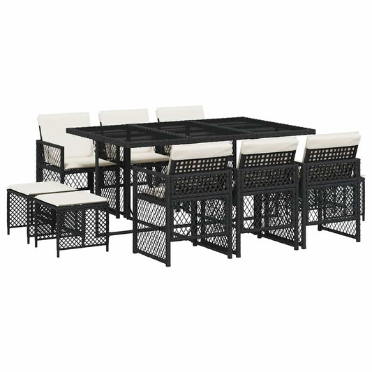 vidaXL 11 Piece Garden Dining Set with Cushions Black Poly Rattan