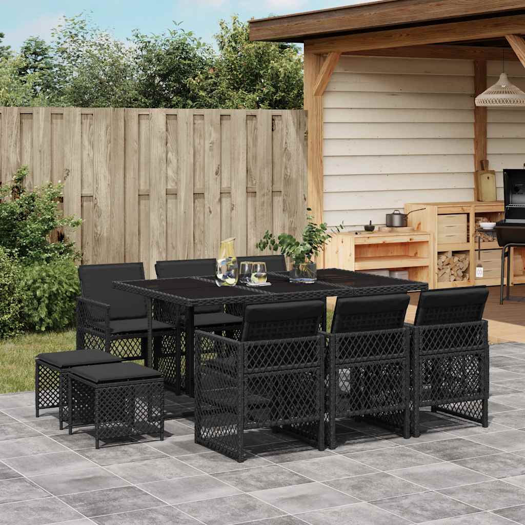 vidaXL 11 Piece Garden Dining Set with Cushions Black Poly Rattan