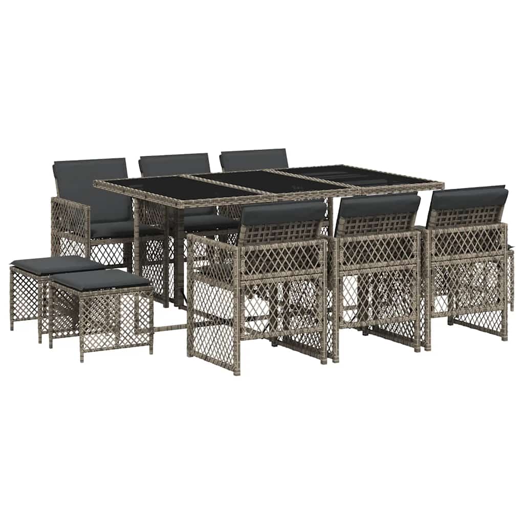 vidaXL 11 Piece Garden Dining Set with Cushions Grey Poly Rattan