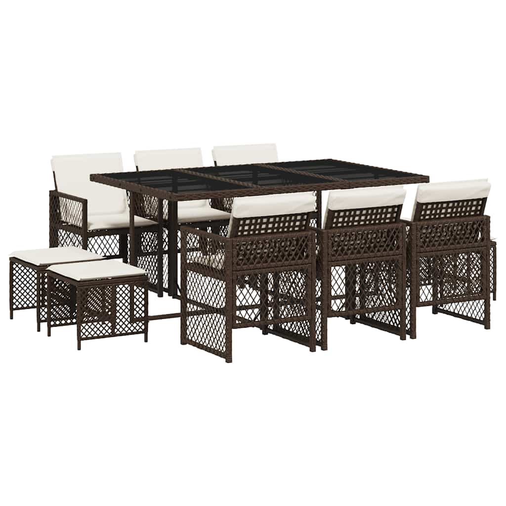 vidaXL 11 Piece Garden Dining Set with Cushions Brown Poly Rattan