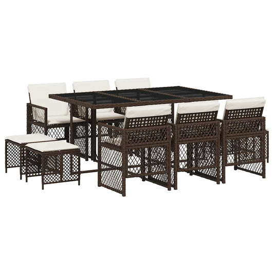 vidaXL 11 Piece Garden Dining Set with Cushions Brown Poly Rattan