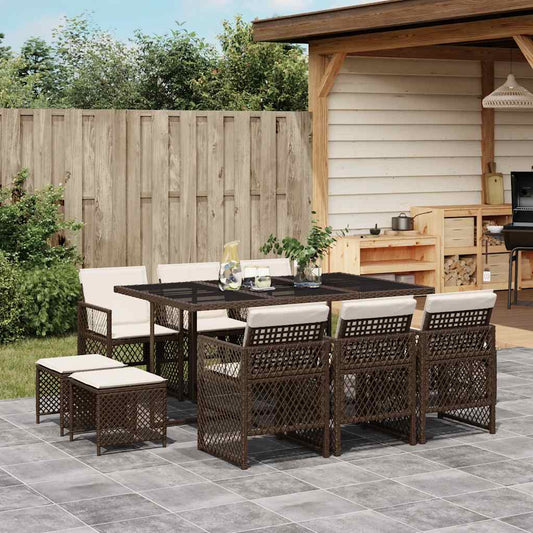 vidaXL 11 Piece Garden Dining Set with Cushions Brown Poly Rattan