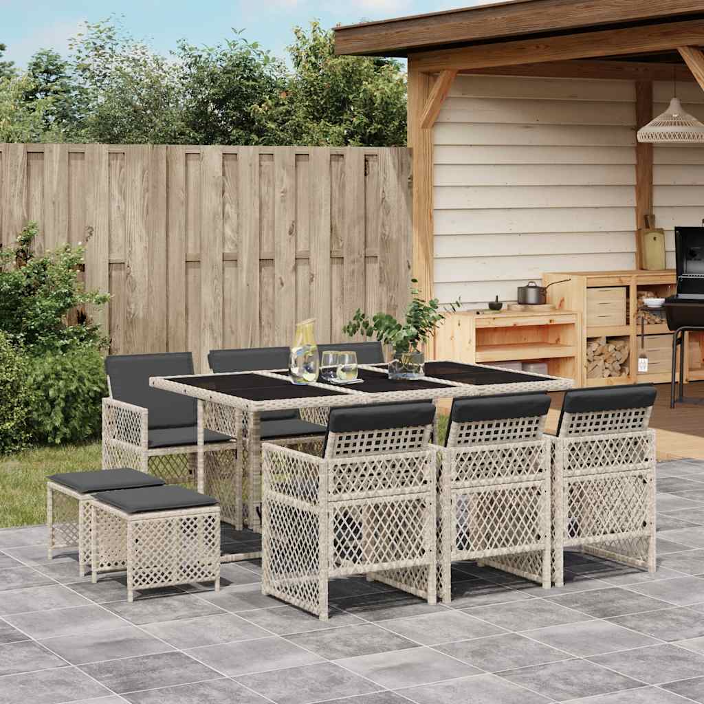 vidaXL 11 Piece Garden Dining Set with Cushions Light Grey Poly Rattan