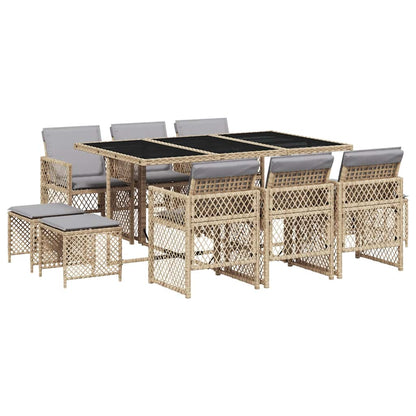 vidaXL 11 Piece Garden Dining Set with Cushions Beige Poly Rattan