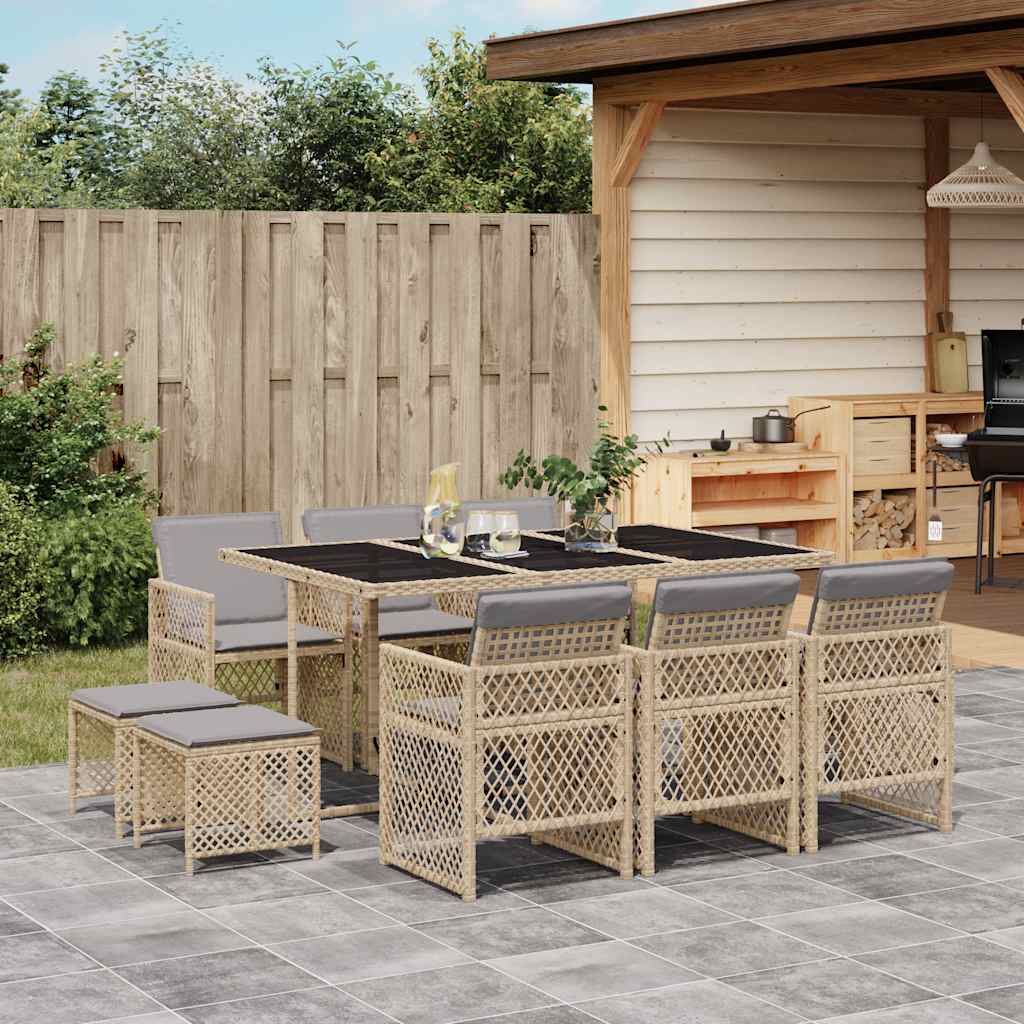 vidaXL 11 Piece Garden Dining Set with Cushions Beige Poly Rattan