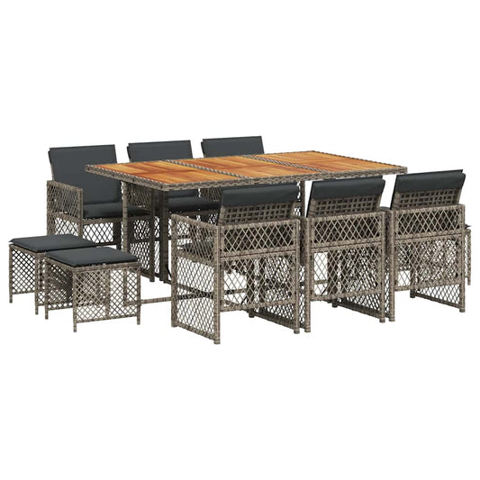 vidaXL 11 Piece Garden Dining Set with Cushions Grey Poly Rattan