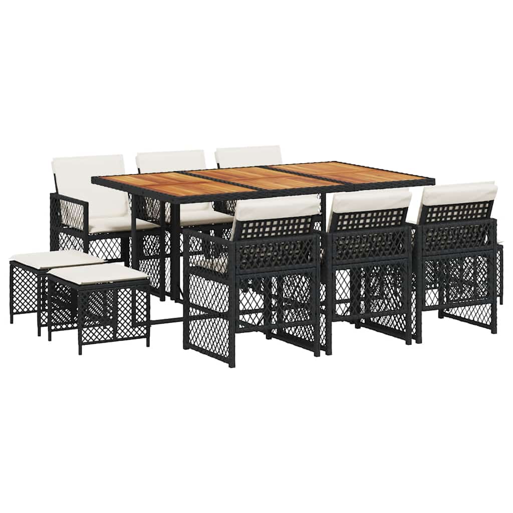 vidaXL 11 Piece Garden Dining Set with Cushions Black Poly Rattan
